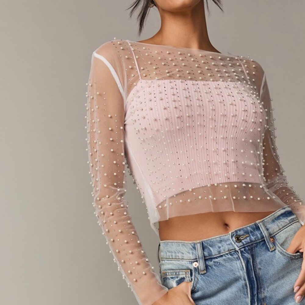 Sheer Mesh Pearl Rhinestone Long Sleeve Top Ivory Cream Tulle Embellished